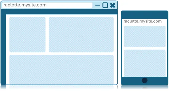 A graphical representation of a browser window on the left and a mobile device on the right. Both show an abstracted representation of software based on <span class='raclette'>raclette</span>.